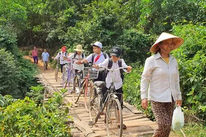 Mùa mưa người dân đi cầu tạm trong lòng hồ Thanh Sơn