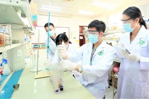 市國立大學所屬國際大學學生在生物工藝學實驗室工作。