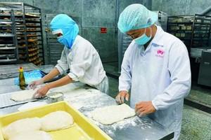 許玉林總經理（右）在製作餅乾，他希望 把台灣的美食推介給越南消費者。