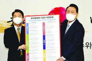 　　在總統職務交接委員會辦公室，委員長安哲秀(左)和候任總統尹錫悅介紹新政府施政課題。