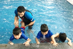 在河內市Newton學校游泳池學習游泳的學生。