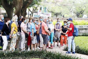 外國遊客參觀河內文廟。