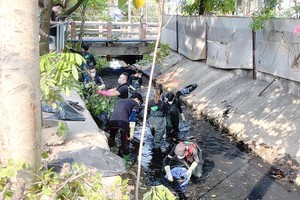 “绿色西贡”小组的志愿者正在新平郡第十五坊阮福周街154号巷内的小渠清理垃圾。