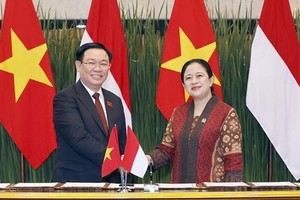 越南国会主席王廷惠与印尼国会议长马哈拉尼合影。