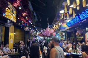 外国游客夜间畅游河内市谢贤街一隅。