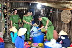 Lực lượng chức năng khám xét cơ sở bơm tạp chất vào tôm. Ảnh: MINH LUÂN