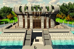 Phối cảnh công trình chính Đền thờ các Vua Hùng tại Cần Thơ được thiết kế theo hình trống đồng. Ảnh:  TUẤN QUANG