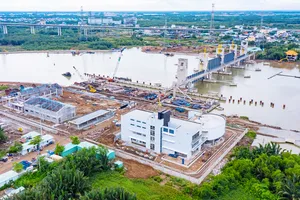 Cống ngăn triều Mương Chuối đã hoàn thành hơn 90% nhưng đã ngừng thi công. Ảnh: TNG