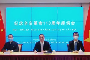 中國駐胡志明市總領事吳駿（中）與諸位學者嘉賓線上參會。