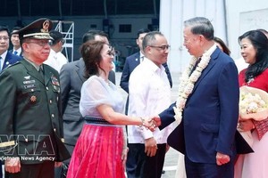 大使馆工作人员和旅居菲律宾越南人迎接越南党中央总书记、国家主席苏林和夫人。