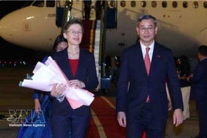越南财政部部长吴文俊前往内排国际机场迎接列支敦士登公国首相布丽吉特·哈斯。图自越通社