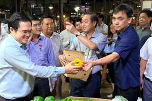 Đoàn khảo sát giám sát hàng rau củ quả tại chợ Bình Điền. Ảnh: HOÀNG HÙNG