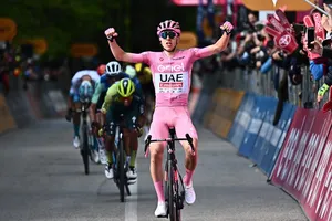 Tadej Pogacar vui mừng tại đích đến