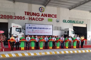The ceremony to export the first batch of rice in 2021 by Trung An Company to Singapore and Malaysia. (Photo: SGGP)