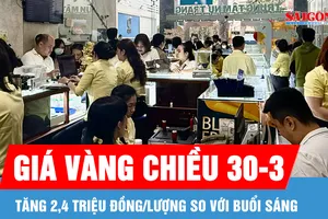 Giá vàng chiều 30-3 tăng 2,4 triệu đồng/lượng so với buổi sáng