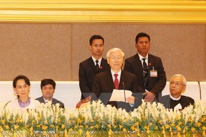 Party General Secretary Nguyen Phu Trong speaks at the banquet hosted by Myanmar President Htin Kyaw (Photo: VNA)
