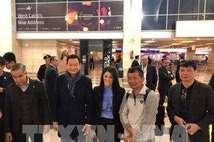 Vietnamese Ambassador to Egypt Tran Thanh Cong (second, from left) and Egyptian Minister of Tourism Rania al-Mashat (centre) bid farewell to the nine Vietnamese tourists before their journey to go back home (Photo: VNA)