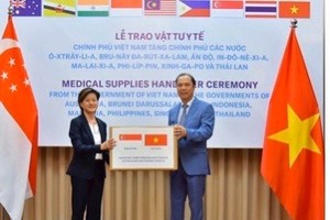 Singaporean Ambassador Catherine Wong Siow Ping (left) receives a donation of Reverse Transcription Polymerase Chain Reaction test kits from Vietnamese Deputy Foreign Minister Nguyen Quoc Dung in May. 