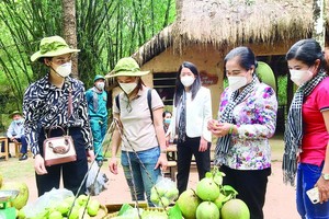 Chairwoman of the municipal People’s Council Nguyen Thi Le (2nd, R) and frontline healthcare workers visit Cu Chi Tunnel. (Photo: SGGP)