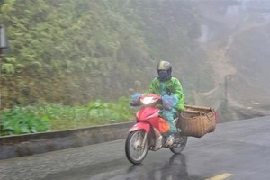 A person ride a scooter to deliver goods in frost and sleet in Dien Bien province (Photo: VNA