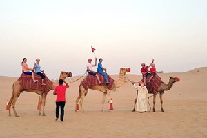 Vietnamese tourists take an opportunity to go ride on a camel in the desert in Dubai.
