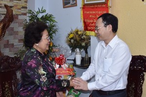 Vice Secretary of the HCMC Party Committee Nguyen Van Hieu (R) extends Tet greetings to former Standing Committee members of the National Assembly cum former Chairperson of the National Assembly's Committee for Social Affairs Nguyen Thi Hoai Thu. (Photo: SGGP)