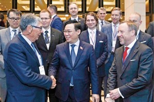 Chairman of the National Assembly Vuong Dinh Hue (center) has a working session with a delegation of the EU-ASEAN Business Council (EU-ABC) and the European Chamber of Commerce in Vietnam (EuroCham) in Hanoi on February 14. (Photo: VNA)