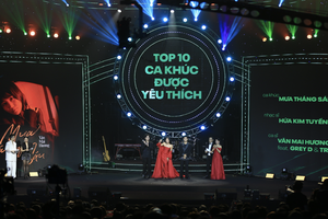 Musician Hua Kim Tuyem singers Van Mai Huong, Grey D and Trung Quan Idol receive the "Top 10 songs of the year" award for the song Mua Thang Sau (Raining in June). (Photo: SGGP)