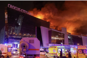 Ambulances are seen near Crocus City Hall following a shooting incident in the northwest of Moscow, Russia, on March 22.
