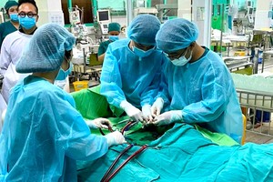 The patient receives ECMO life support before taking a medical flight.