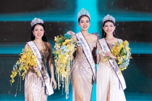 Miss Global Vietnam Tourism 2024 Vo Cao Ky Duyen and the first and second runners-up, Do Ha Trang (L) and Pham Hoang Thu Uyen (R)
