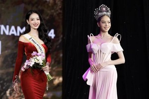 Miss Vietnam 2022 Huynh Thi Thanh Thuy (R) and the first runner-up of Miss Grand Vietnam 2023 Bui Khanh Linh