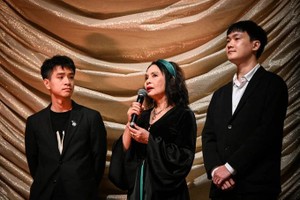 Director Pham Ngoc Lan, People's Artist Minh Chau and actor Hoang Ha at the Berlinale Film Festival in February