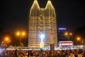 The Notre Dame Cathedral has been decorated by strings of LED lights spanning 500,000 meters.