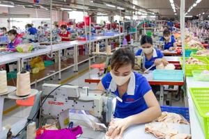 Workers produce garments for export at the Nguyen Dung apparel company in District 12, HCMC. (Photo: SGGP)