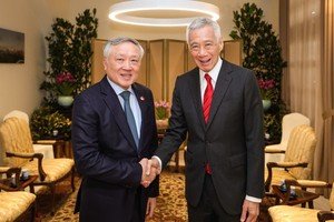 Vietnamese Permanent Deputy Prime Minister Nguyen Hoa Binh (L) meets with Singaporean Senior Minister Lee Hsien Loong on January 13. (Photo: MDDI)