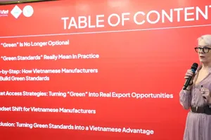 Ms. Liney Weishappel, Chief Executive Officer of AllMadeViet, speaks at the seminar. (Photo: SGGP)