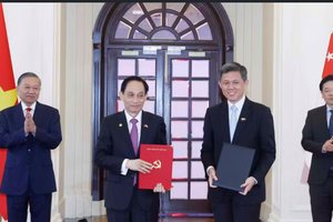 General Secretary of the Communist Party of Vietnam and President of Vietnam To Lam (first, left) and Prime Minister of Singapore Lawrence Wong (first, right) witness the exchange of cooperation documents on May 29. (Photo: VNA)