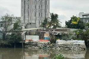 Homes along the banks of the Giong Ong To River in Binh Trung Ward have been threatened by riverbank erosion, forcing residents to reinforce the embankment with sandbags and soil to prevent further collapse. (Photo: SGGP)