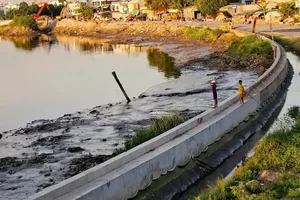 Untreated sediment beneath the canal (to the left of the concrete embankment) in the Tham Luong–Ben Cat Canal and Nuoc Len Canal Infrastructure Construction and Environmental Improvement Project (Photo: SGGP)