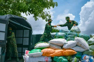 Hơn 100 cán bộ chiến sĩ Trung đoàn 320 hỗ trợ vận chuyển nông sản. Ảnh: THẾ HIỂN