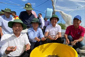 Đoàn công tác Bộ NN-MT khảo sát thực tế tại vùng nuôi tôm công nghệ cao thuộc khu vực huyện Ba Tri trước đây. Ảnh: TÍN HUY