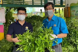 Đại diện Trung tâm Công tác xã hội Công đoàn TPHCM trao tặng rau đến LĐLĐ quận 10 để hỗ trợ người dân
