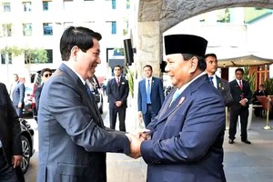 越南国家主席梁强（左）会见印度尼西亚总统普拉博沃·苏比安托。