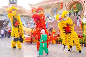 仙泉文化公园迎接游客的舞狮舞龙表演节目。