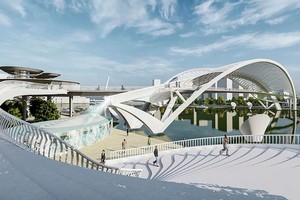 横跨西贡河的步行桥配景具有水椰叶子形状。