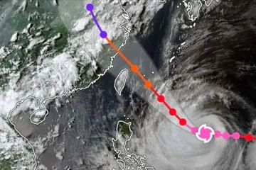 Vị trí tâm bão Bavi lúc 16 giờ 40 phút ngày 8-7 trên ảnh mây vệ tinh Himawari. Ảnh chụp màn hình từ Zoom Earth
