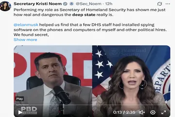 Trong cuộc trò chuyện kéo dài một giờ với podcaster MAGA Patrick Bet-David, được công bố vào ngày 26/2/2026, Bộ trưởng An ninh Nội địa Mỹ, bà Kristi Noem cho biết: "Việc thực hiện vai trò của tôi với tư cách là Bộ trưởng An ninh Nội địa đã cho tôi thấy “nhà nước ngầm” (deep state) thực sự tồn tại như thế nào và nguy hiểm đến mức nào. Ảnh chụp màn hình tài khoản nền tảng mạng xã hội X của Bộ trưởng An ninh Nội địa Mỹ Kristi Noem