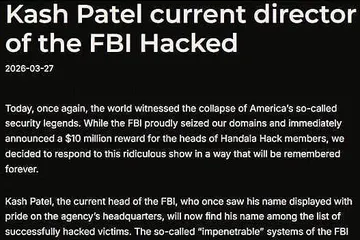 Nhóm hacker Handala thông báo về vụ hack hộp thư điện tử của Giám đốc FBI Patel. Nguồn: BleepingComputer