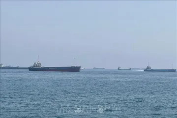 Tàu thương mại chờ đi qua eo biển Hormuz, gần thị trấn Khasab ở miền Bắc Oman, ngày 29/5/2026. Ảnh: THX/TTXVN